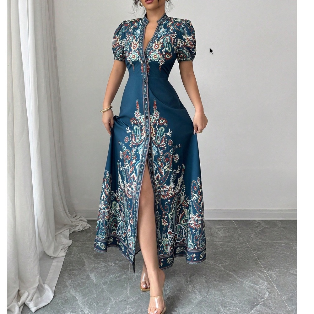 Teal Paisley Button-Front Maxi Dress with Puff Sleeves